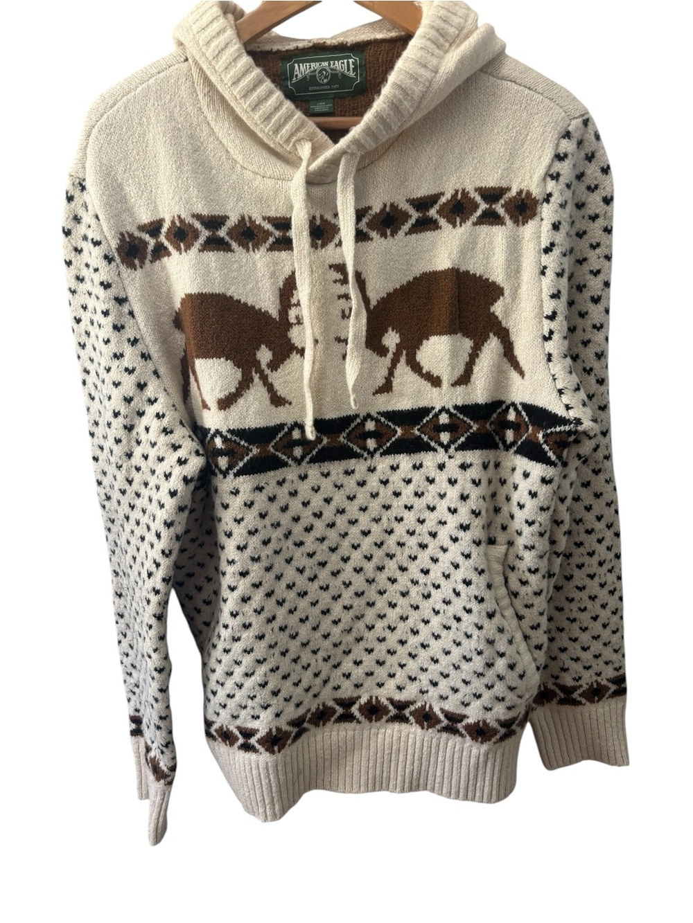 American Eagle Elk Fairisle Sweater Mens Size Large Hoodie in Cream Super Soft